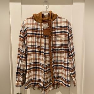 American Eagle Brown, White and Navy Hooded Flannel